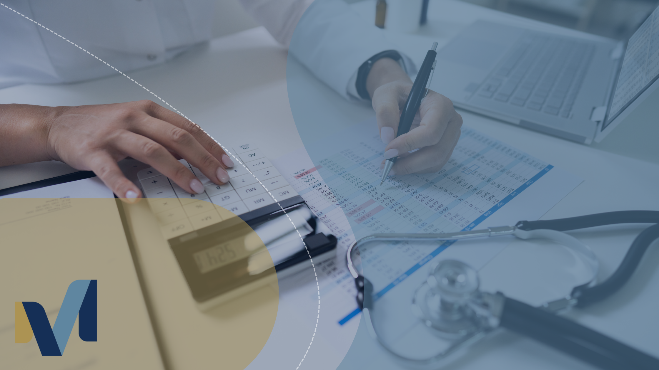 Medical professional using a calculator and reviewing billing codes on a document, with a stethoscope and laptop on desk – representing medical billing and admin work.
