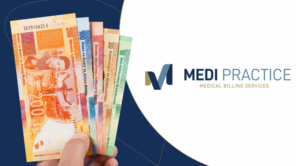 South African rand banknotes fanned out in a hand next to the MediPractice logo – symbolising improved revenue through outsourced medical billing services.