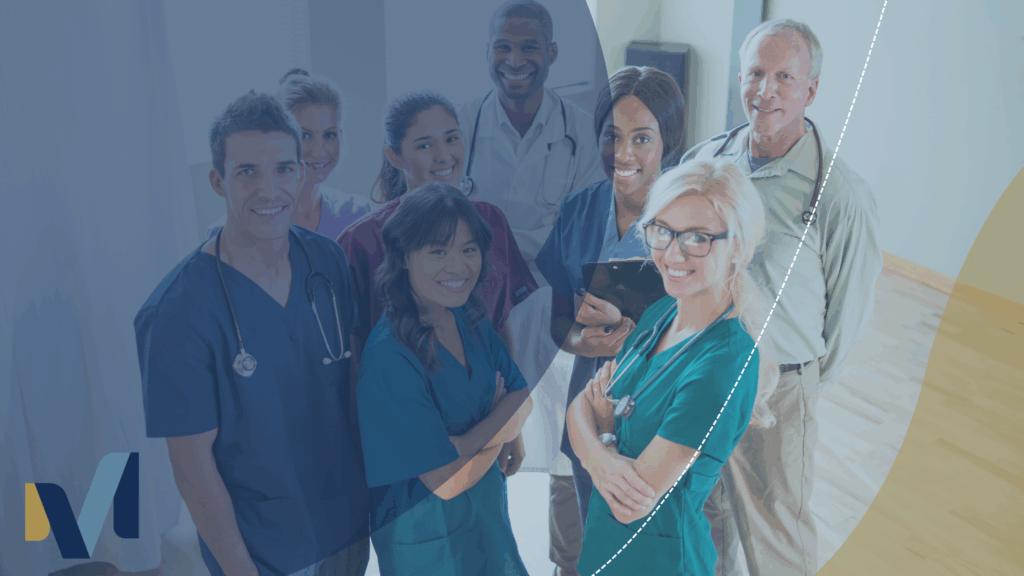 Diverse group of smiling healthcare professionals in scrubs and lab coats – highlighting team collaboration and improved focus on patient care.